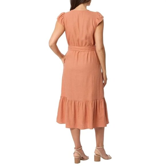NEW Briggs Women's M Flutter Sleeve Linen Blend Midi SunDress Rust Orange - Picture 2 of 12